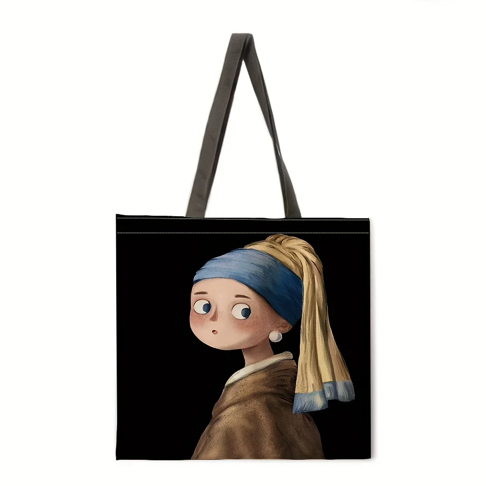 

Cartoon Oil Painting Dog Linen Handbag Lightweight Shoulder Bag Large Capacity Eco-friendly Shopping Bag Tote Bag