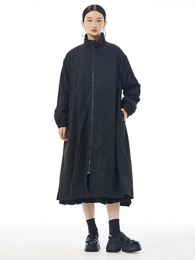 

Women Brown Big Size Long Thick Vintage Trench New Stand Collar Long Sleeve Windbreaker Fashion Spring Autumn
