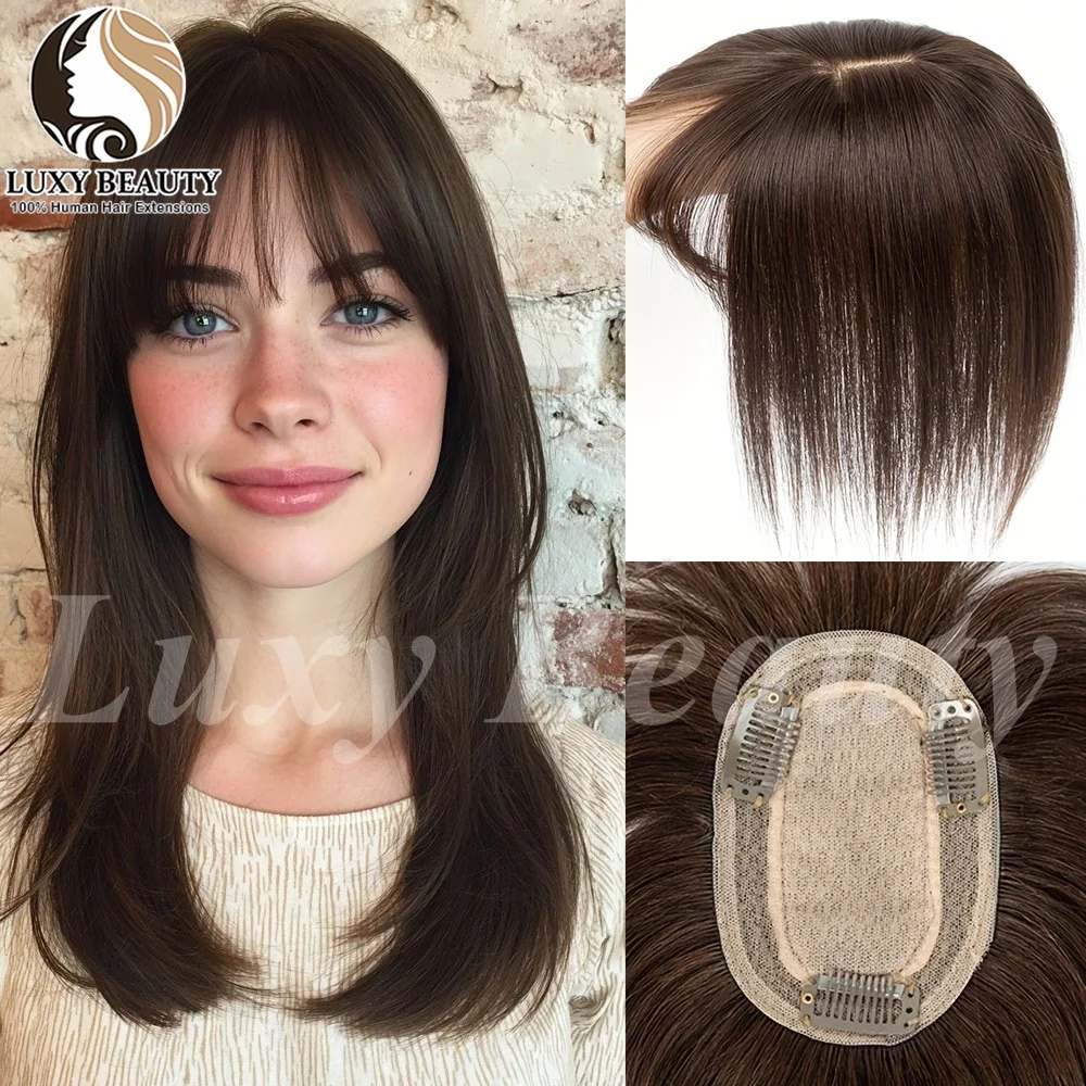 Gerades Echthaar-Toupet mit Pony für Frauen, Natürlich 8x12cm Schwarz Blond Braun Hautfarben, Clip-in Toupet Haarteil aus Echthaar