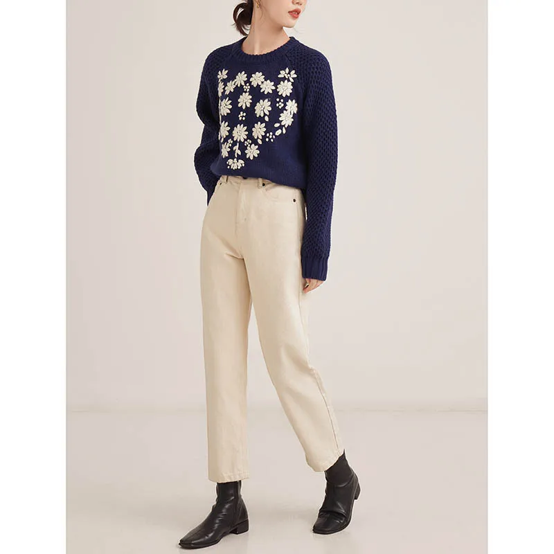 Vintage Embroidery Crew-neck Sweater 2023 Winter Women Clothes Pullover Knitted Top Classic