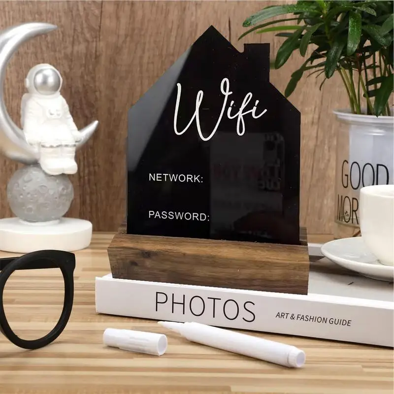 Acrylic WiFi Password Sign with Wooden Base and Erasable Pen Creative House Shape Handwrite Board Decoration for Cafe Offices