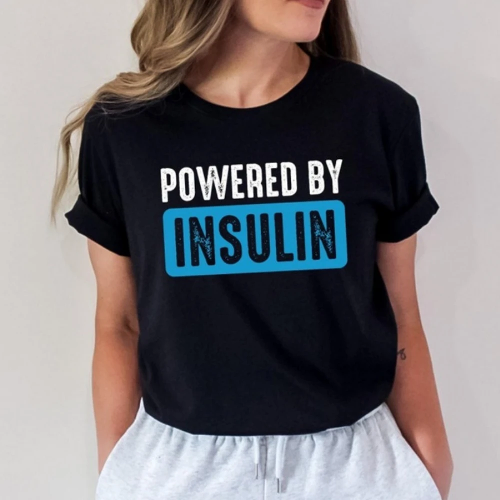 

Футболка Powered By Insulin, футболки с информацией о диабете, хлопковая повседневная футболка высокого качества, простые стильные футболки в стиле Харадзюку с круглым вырезом