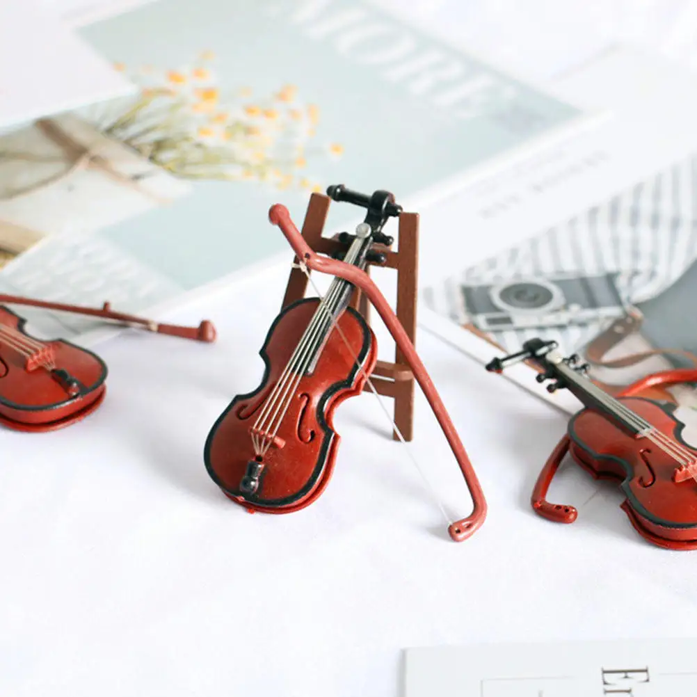 

2Pcs Mini Violin Ornament Retro Musical Instrument Decoration Creative Desktop Home Office Xmas Props Miniature Violin Decor