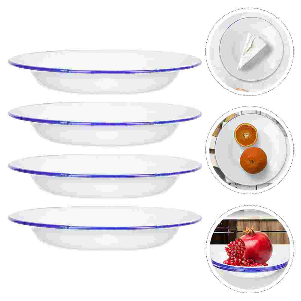 

4 Pcs Enamel Plate Good Tableware for Restaurants Flat Edges Plates Retro Fruit Home Decor Food Dishes Fruits White