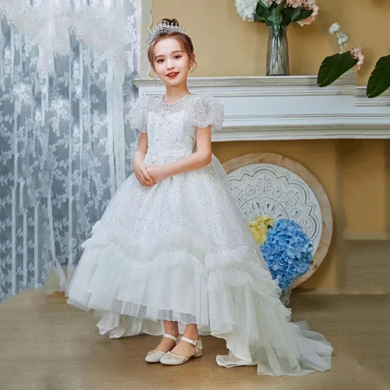 

2024 Elegant Dress for Girls Wedding Bridesmaid Girl Dresses Trailing Tulle Children Ball Gown 8 to14 Years Sequin Teen Vestidos