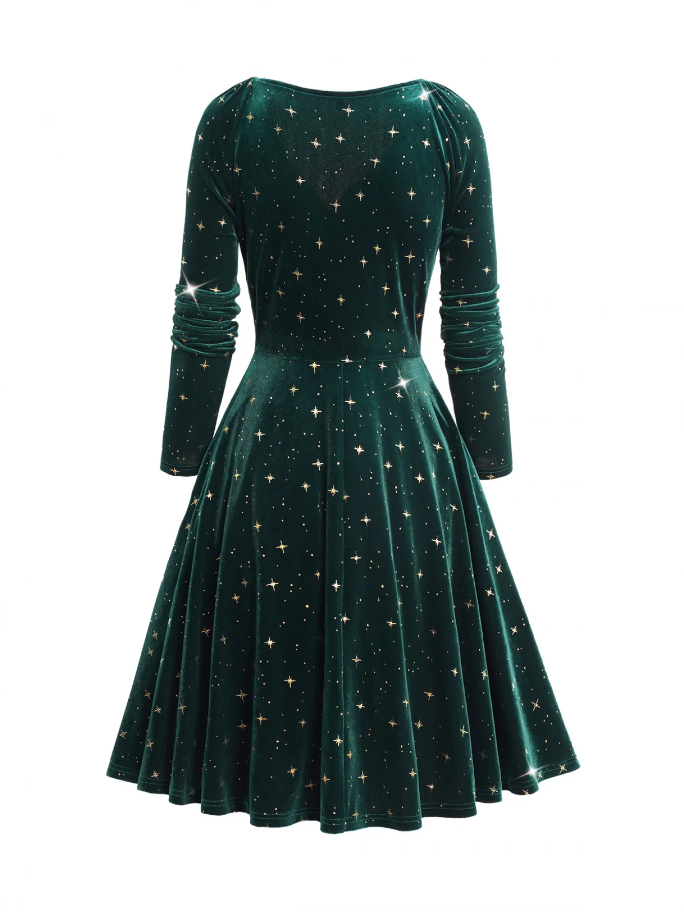 European and American fashion women\'s dress decorated with star print wrapped in elastic shoulder velvet long sleeve dress