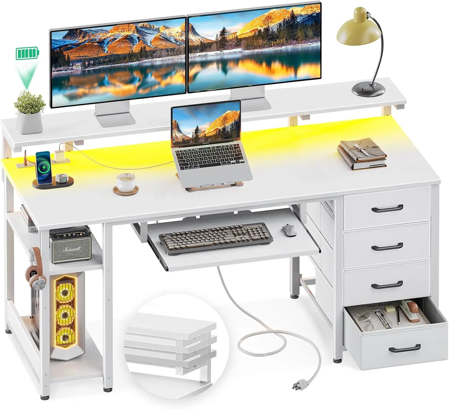 

AODK 63 Inch Computer Desk with Power Outlet and LED Light, Office Desk with Fabric Drawer and Keyboard Tray, Gaming Desk