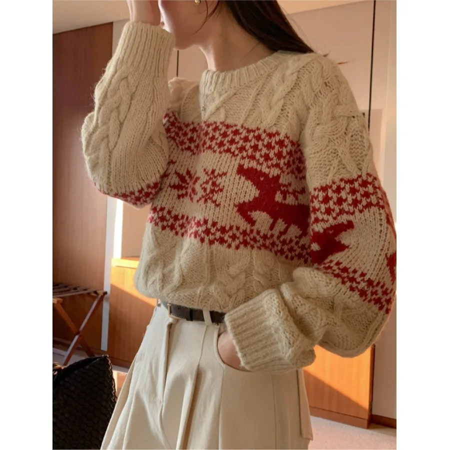 เสื้อสเวตเตอร์ถักสีแดงสำหรับผู้หญิง คอกลม ดีไซน์บิดเกลียว สีสันสไตล์วินเทจ ลำลอง แฟชั่น แมทช์ได้กับทุกชุด สำหรับฤดูใบไม้ร่วงและฤดูหนาว...