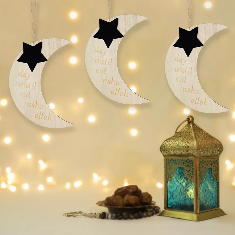 

1Pc Eid Mubarak Wooden Pendant Moon Star Wood Hanging Ornament for Home Islamic Muslim Ramadan Kareem Party Decoration Eid Gift