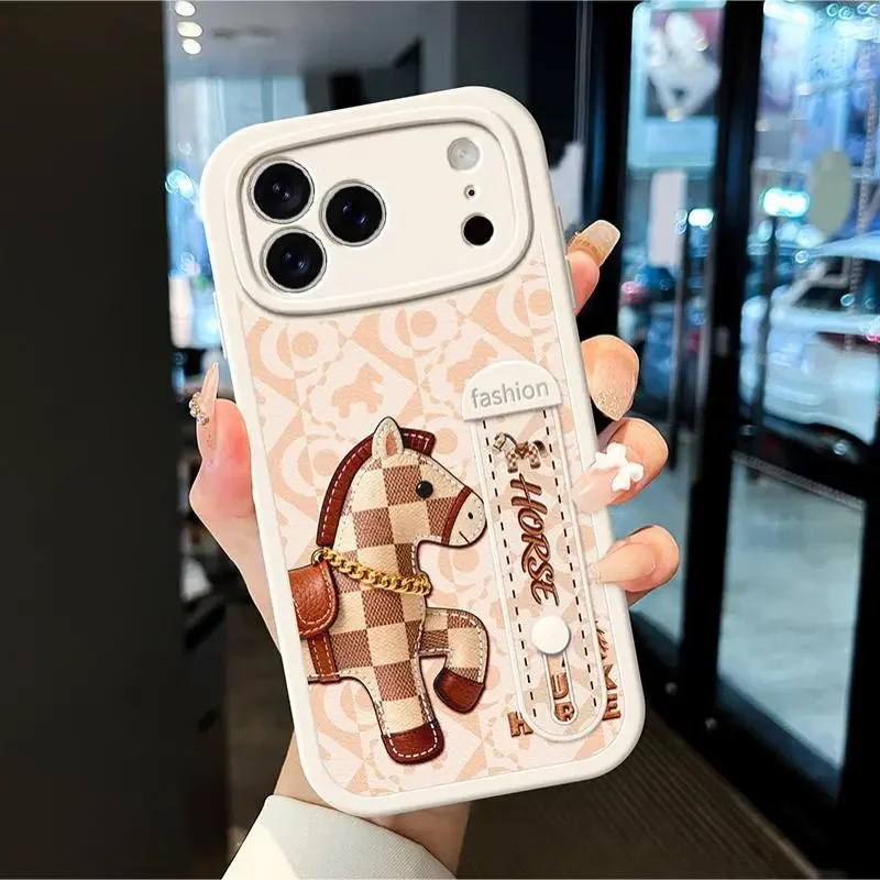 Vintage Plaid Horse Wristband Case for iPhone 17 Pro Max 16 15 14 13 12 11 Pro Max Phone Cases Shockproof Soft Cover