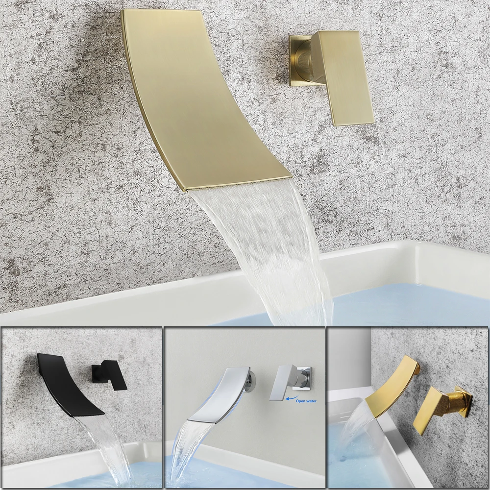 

SKOWLL Waterfall Bathtub Faucet Wall Mount Bathroom Tub Faucet 2 Hole Vanity Sink Mixer Tap, Brushed Gold SK-3303