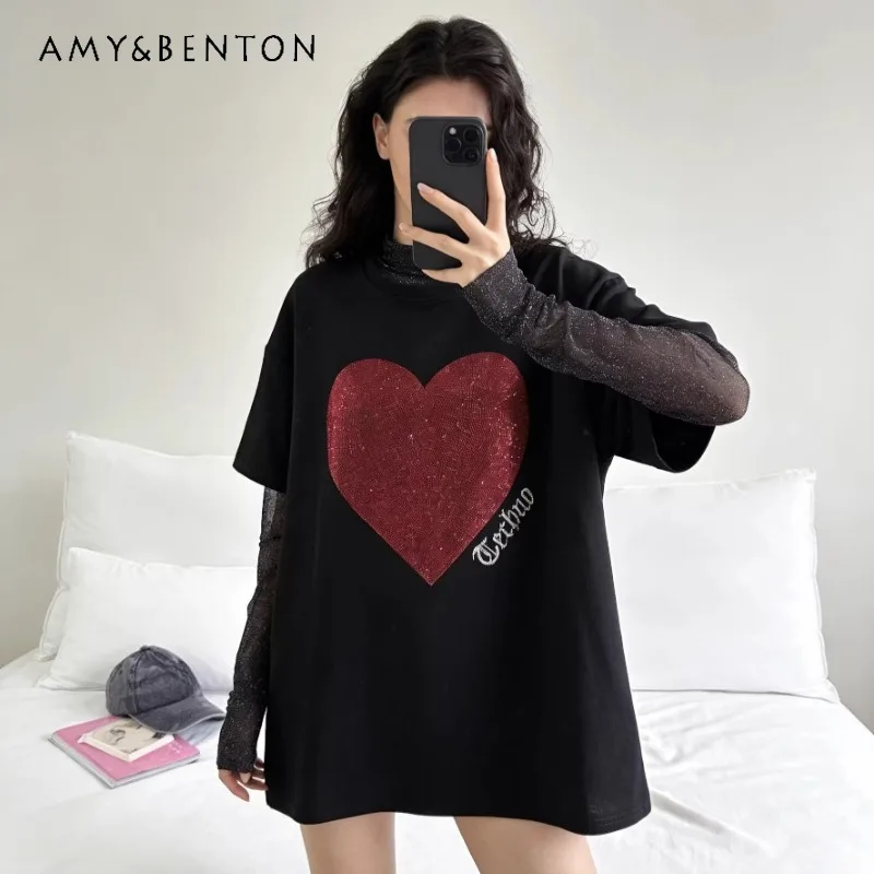 

Summer New Arrival Diamond Drills Heart Fake Two-piece Long Sleeves T-shirt Women's Loose Casual Sweet Cool Style Long Tops Tees