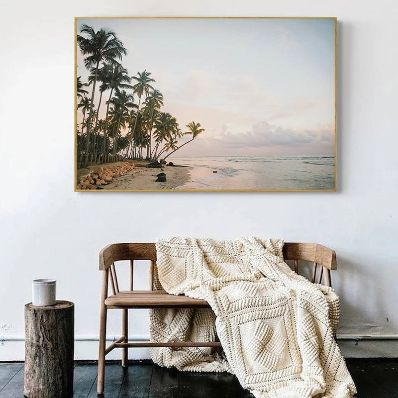 Palm Tree Pampas Grass Beach Umbrella Surfing Waves Poster Print Tropical Coastal Wall Art Canvas Painting Room Home Decor