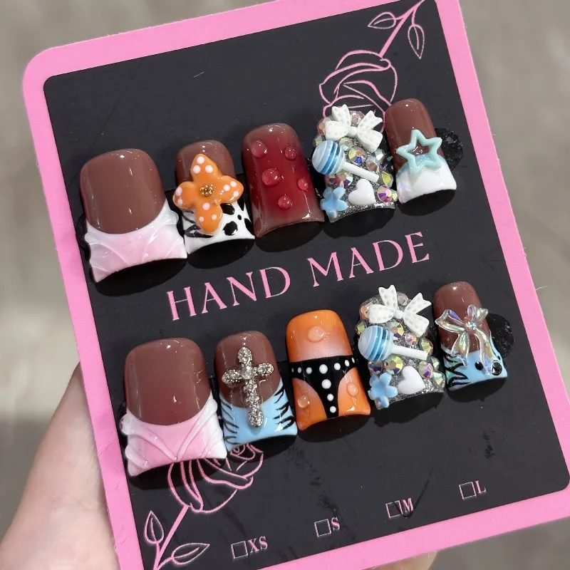 10Pcs Y2K Trendy Press on Handmade Duckbill Nails with Bow Flower Rhinestone Lollipop Design False Nail Tips for Spicy Girl