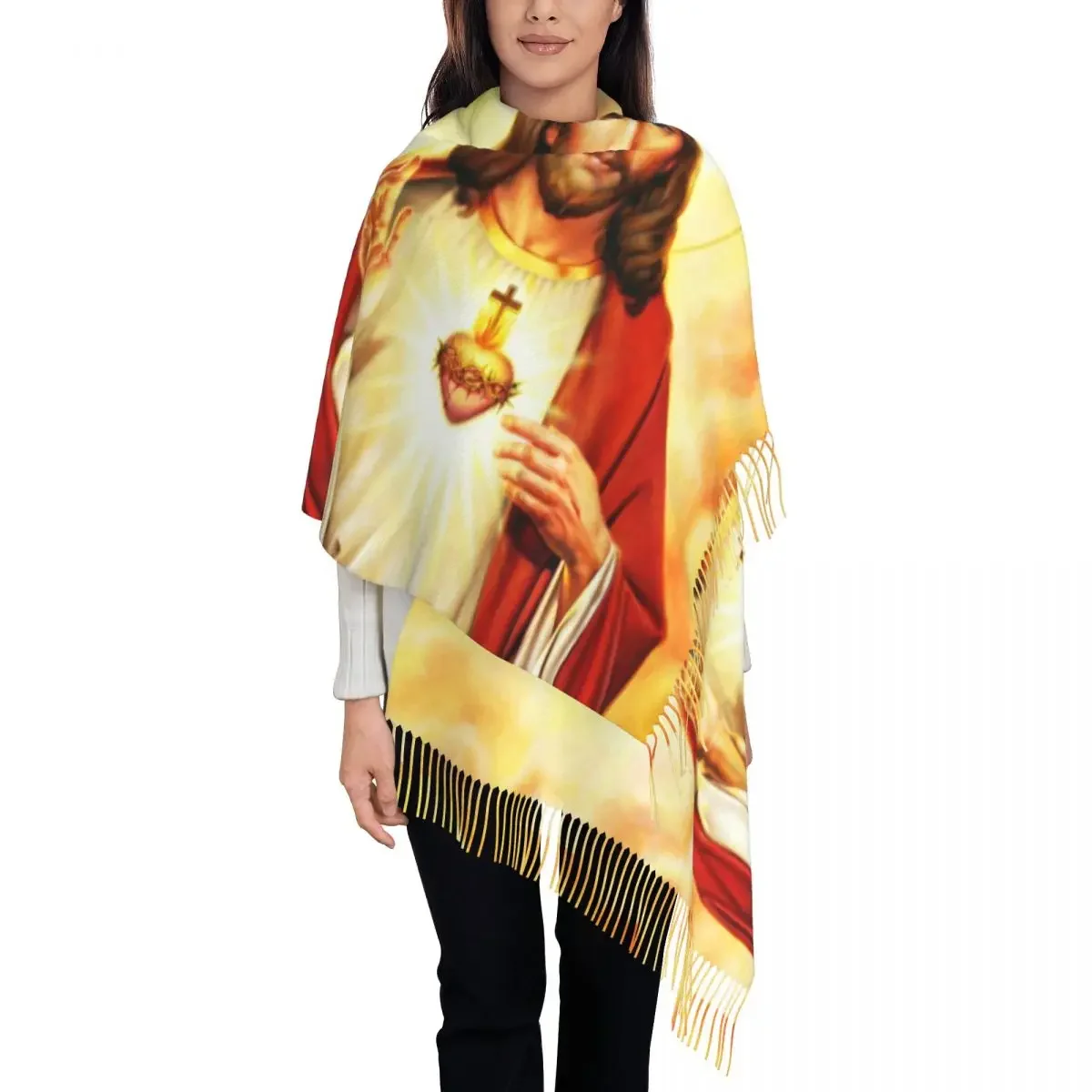 Lady Long Warm Heart Of Scarves Women Winter Fall Thick  Tassel Shawl Wrap Religious Christian Divine Mercy Scarf