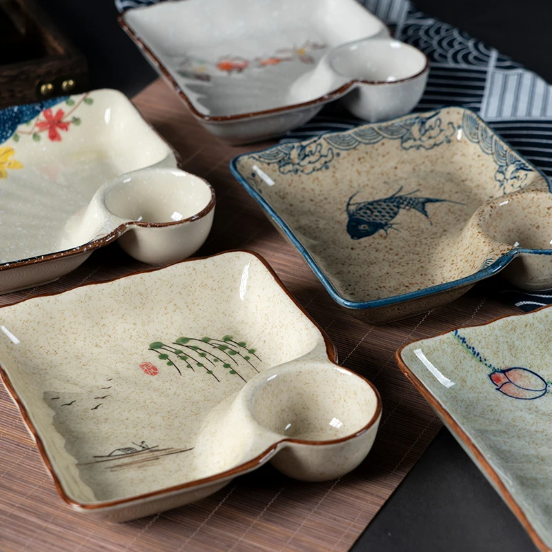 

Japanese Ceramic Hand Painted Dumpling Plate With Vinegar Saucer Dipping Saucer Square Dumpling Seafood Plate At Home Restaurant