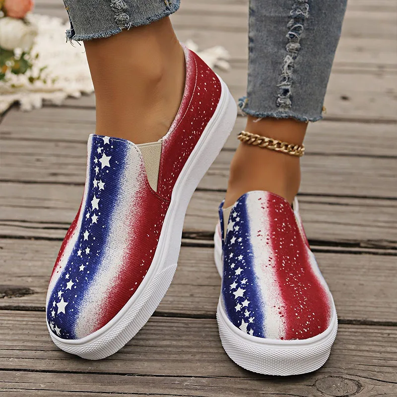 Independence Day Sneakers Women Canvas Shoes Fourth of July Print Espadrilles Platform Casual Shoes Soft Flats Slip-on Loafers