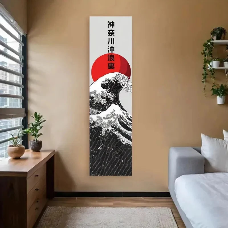 VIKAMA Minimalist Wave Tapestry Black and White Japanese Ukiyo-e Style Long Wall Hanging Background Cloth for Home