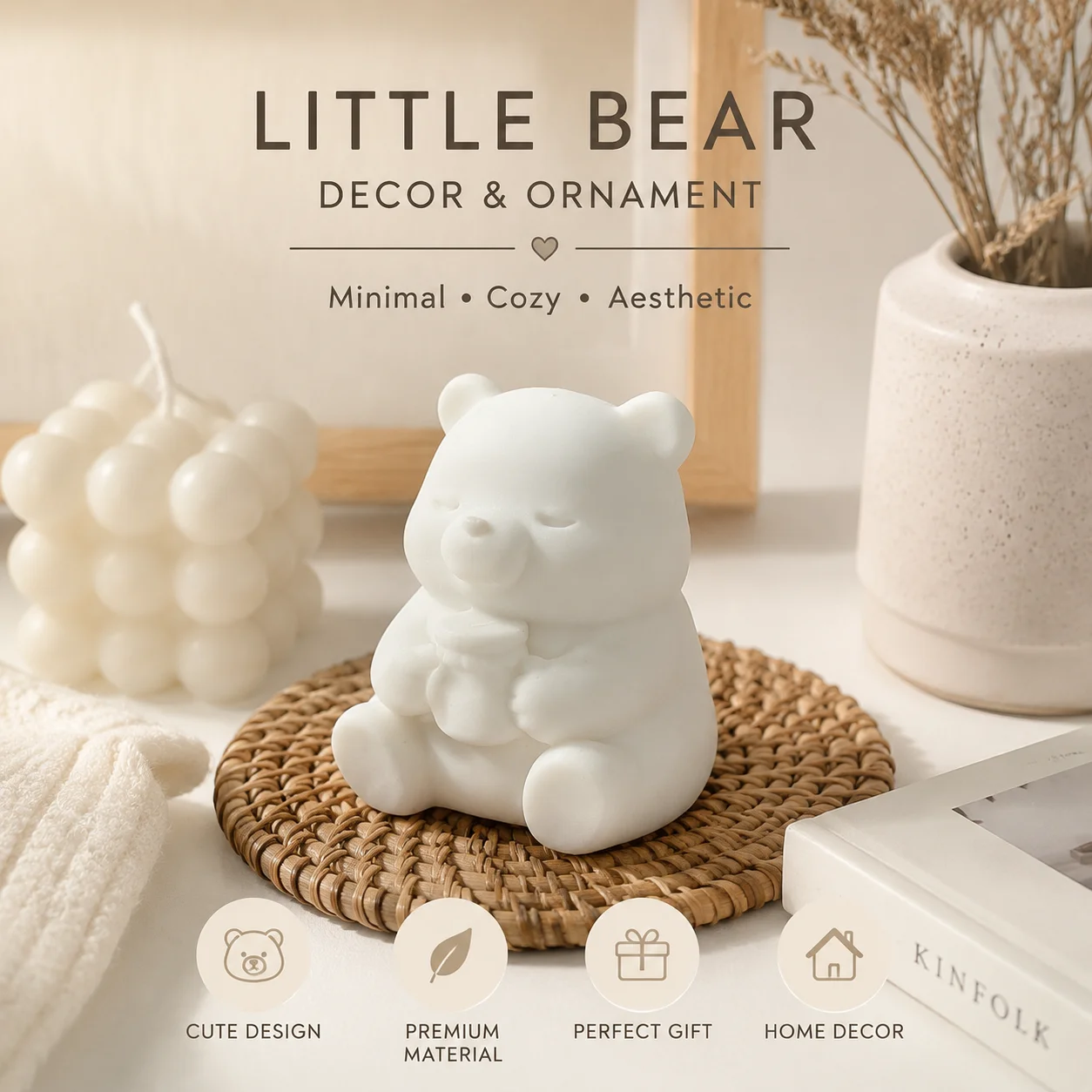 Minimalist Cute Little Bear Figurine, Soft Texture Desktop & Home Ornament for Desk, Shelf, Car Decor, Warm Aesthetic Gift