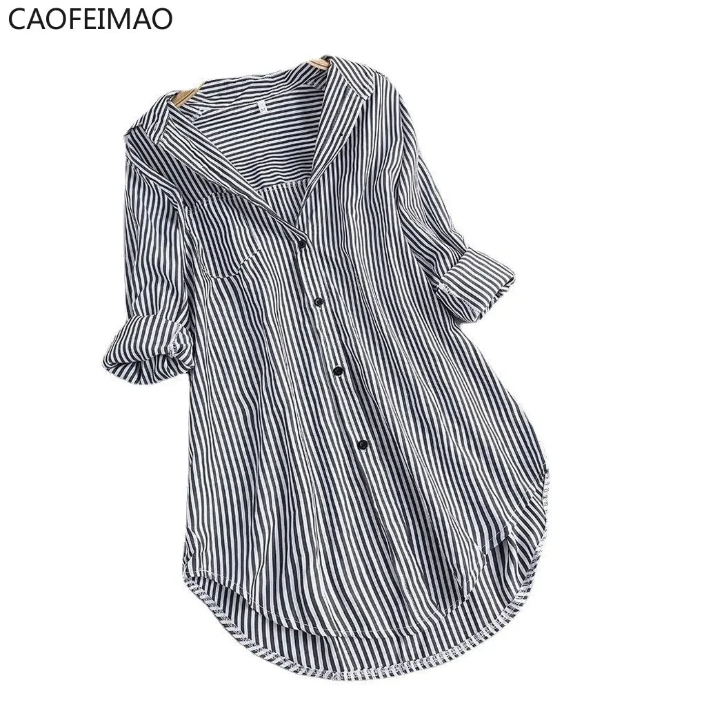 Plus Size Women Tunic Shirts Stripe Blouse Spring Autumn Ladies Large Size Button V Neck Long Sleeve Shirt Blouse Blusas 5xl