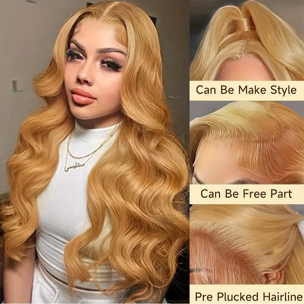 Honey Blonde Wig Human Hair 13x6 Body Wave Hd Lace Front Wigs Human Hair Pre Plucked 27# Colored Blonde Lace Frontal Wig 180% Density Real Hair Wavy Human Lace Front Wigs For Women view 7