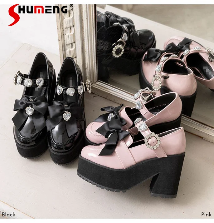 

Japanese Lolita Bow Rhinestone High-Heel Pink Heels Student 2023 Fall New Sweet Women's JK Uniform T Shape Shoes Two-Way Wear