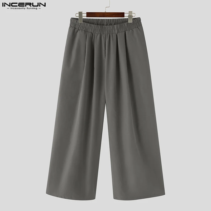 INCERUN Men Wide Leg Pants Solid Color Loose Joggers Elastic Waist Trousers Men Streetwear Vintage 2024 Casual Long Pants S-5XL