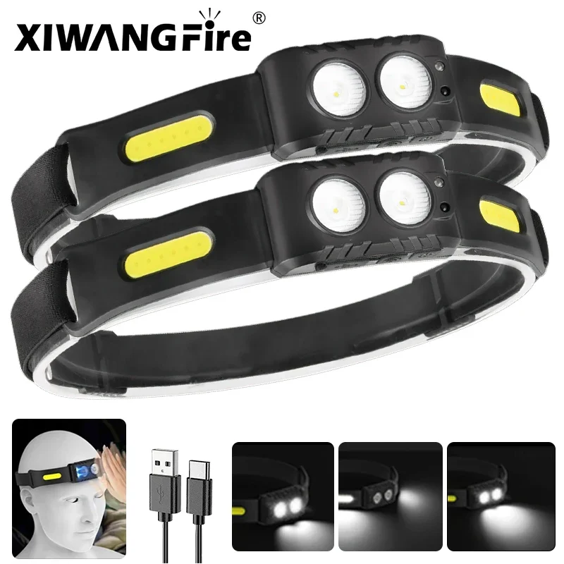 Strong Light Headlight Portable LED Sensing Headlamp Type-C USB Rechargeable Head Flashlight Super Bright Lamp Fishing Emergency