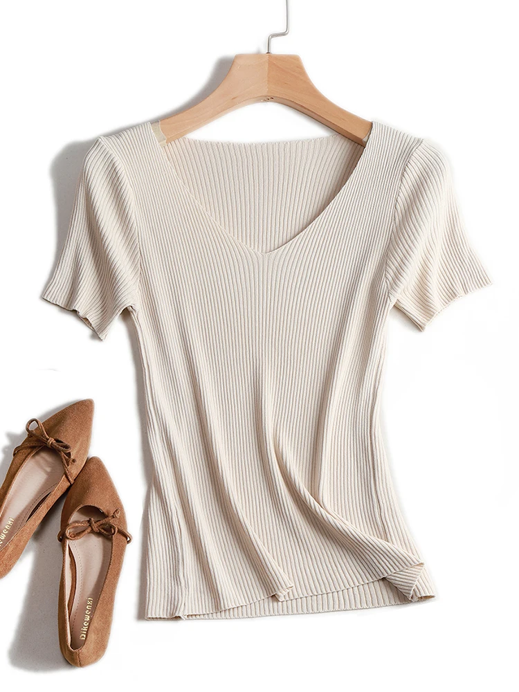 Pullover knitted Short Sleeve knitted Sweater Women Spring Summer Slim Basic Solid Casual Base Female knitting shirts 2024 Korea