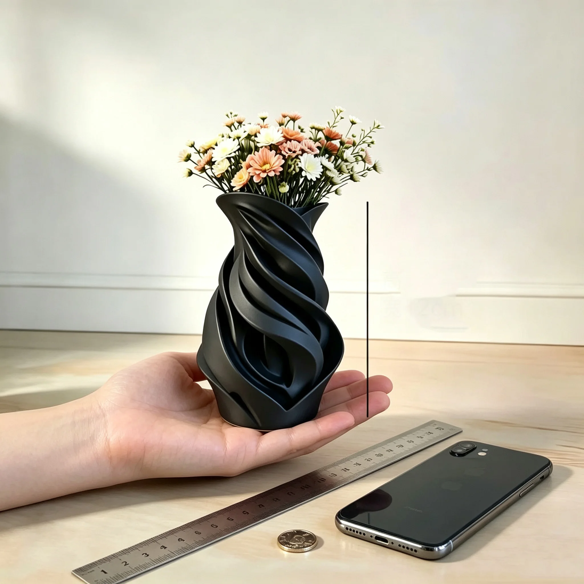 3D Printed Abstract Spiral Sculptural Vase Matte Black Modern Art Vase Mini desktop vase for Contemporary Home Decor