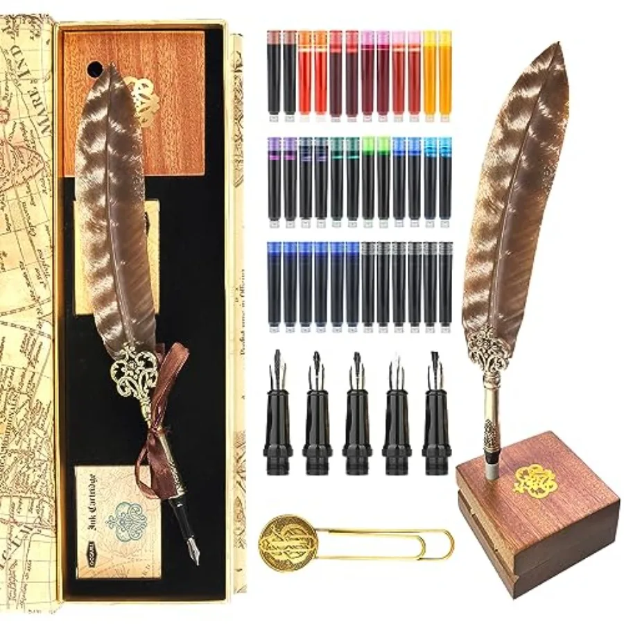 

Calligraphy Feather Fountain Pen and Ink Set Quill Pen with 5 Varied Nibs and Ink Cartridges Calligraphy Set for Beginners MU-1