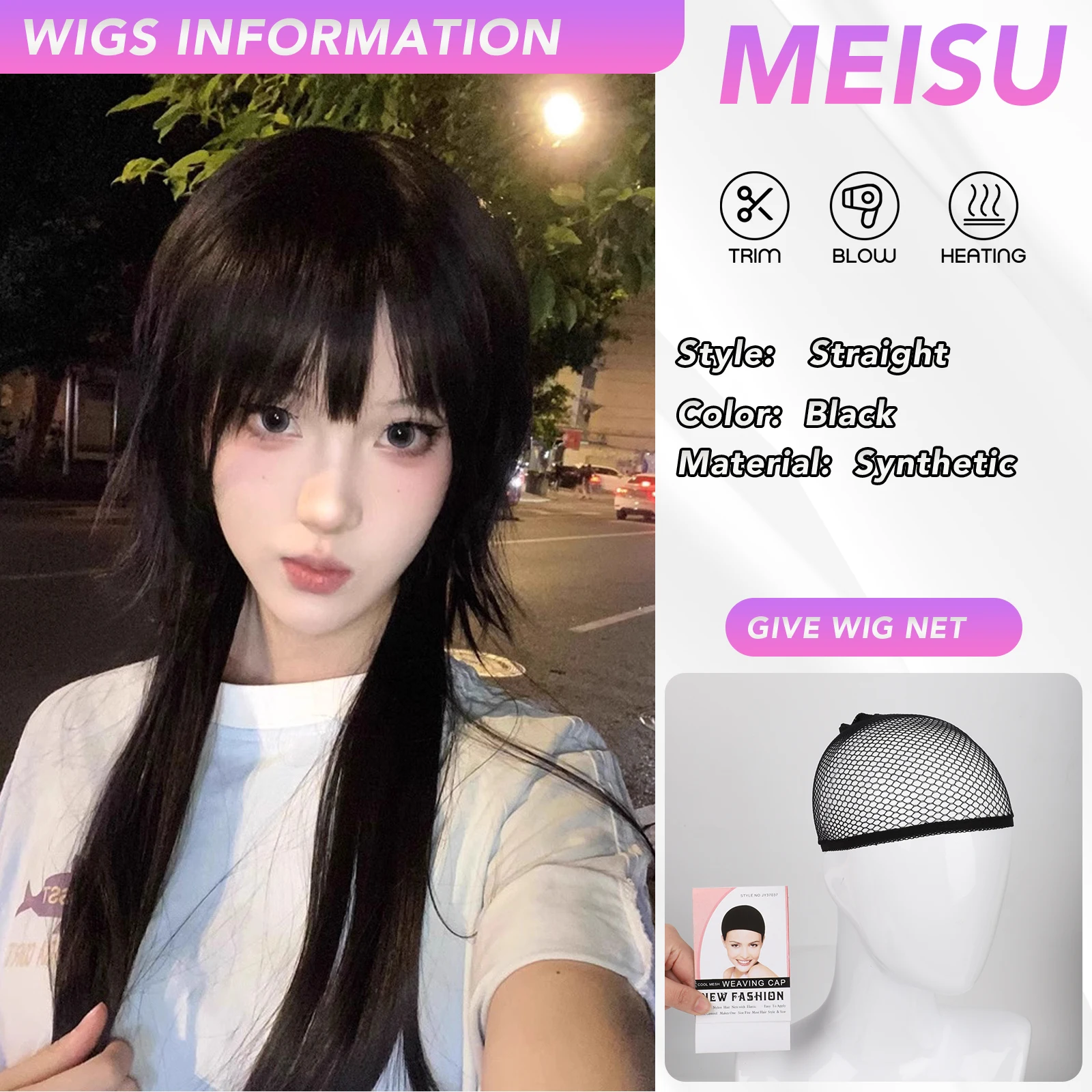 MEISU 24 インチ合成ストレートウィッグエアバングヘアブラック耐熱ナチュラルでスムーズな日常着用女性用