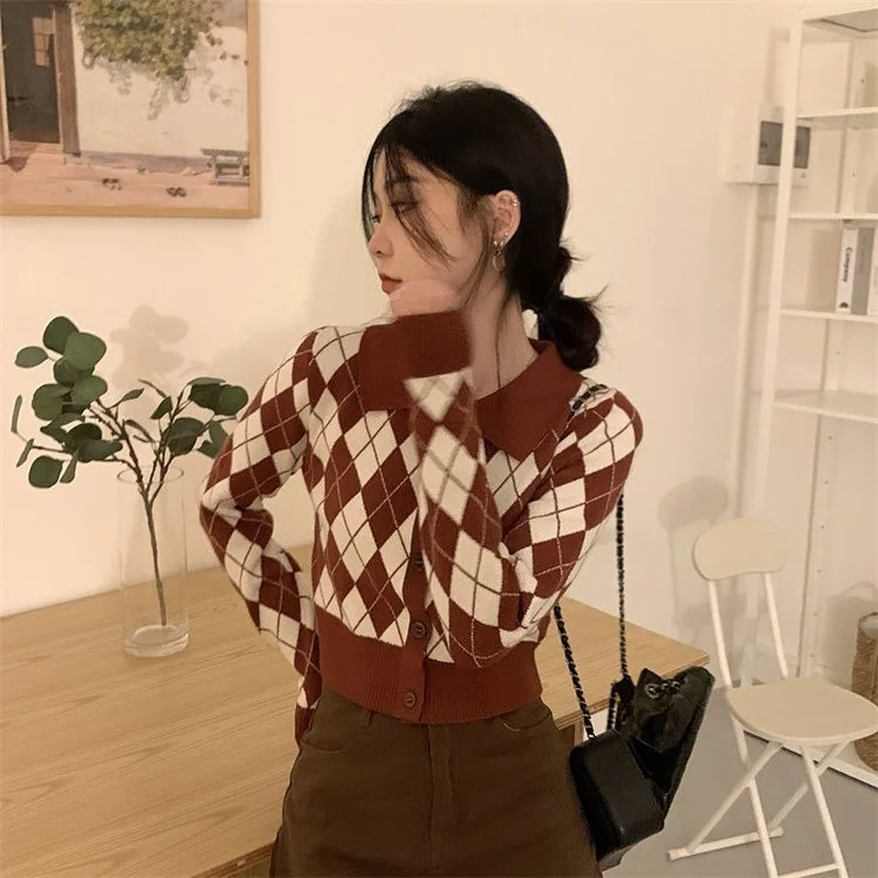 Cardigan Women Knitted Sweater Temperament Autumn Long Sleeve Casual Female Slim Single Breasted Argyle Design Artistic Fashion