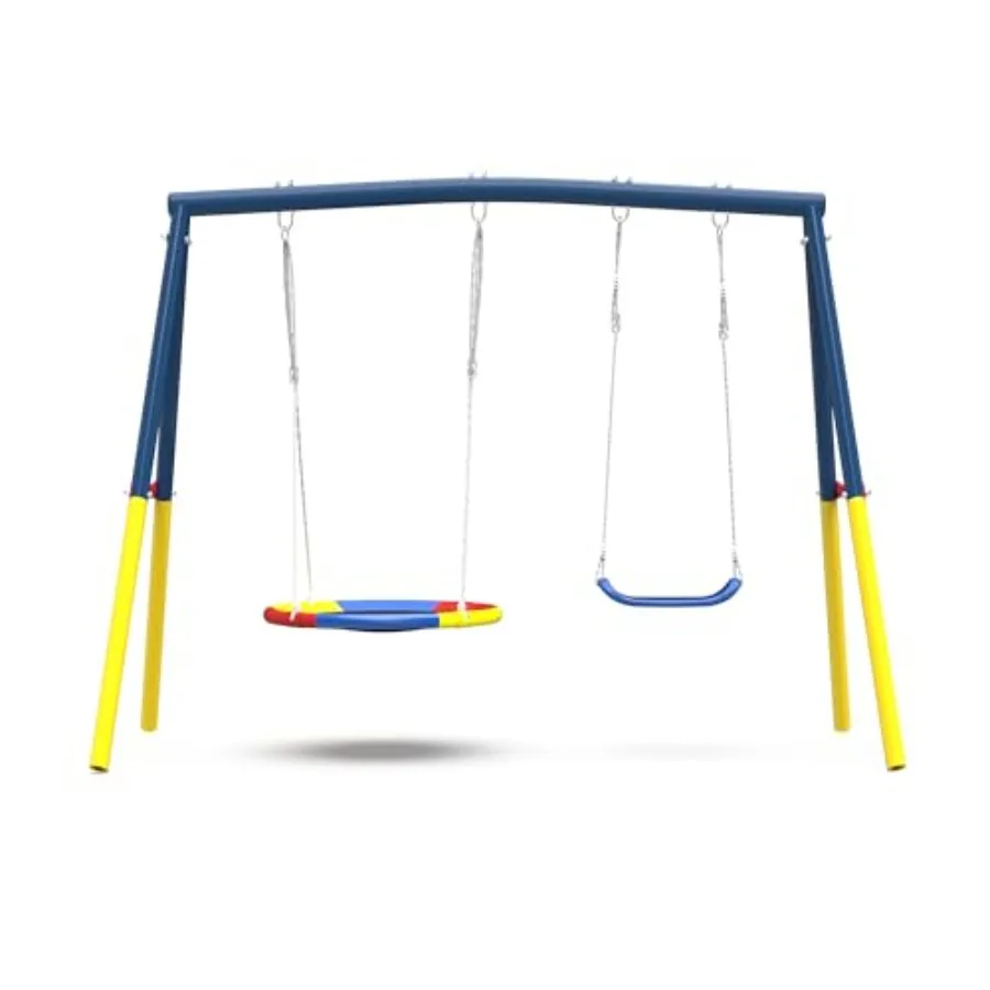 

Уличные металлические качели повышенной прочности (до 200 кг) для двора и детской площадки с регулируемым синим тросом, включают 1 сиденье-тарелку 32,1 дюйма и 2 сиденья-ремни 26 дюймов.