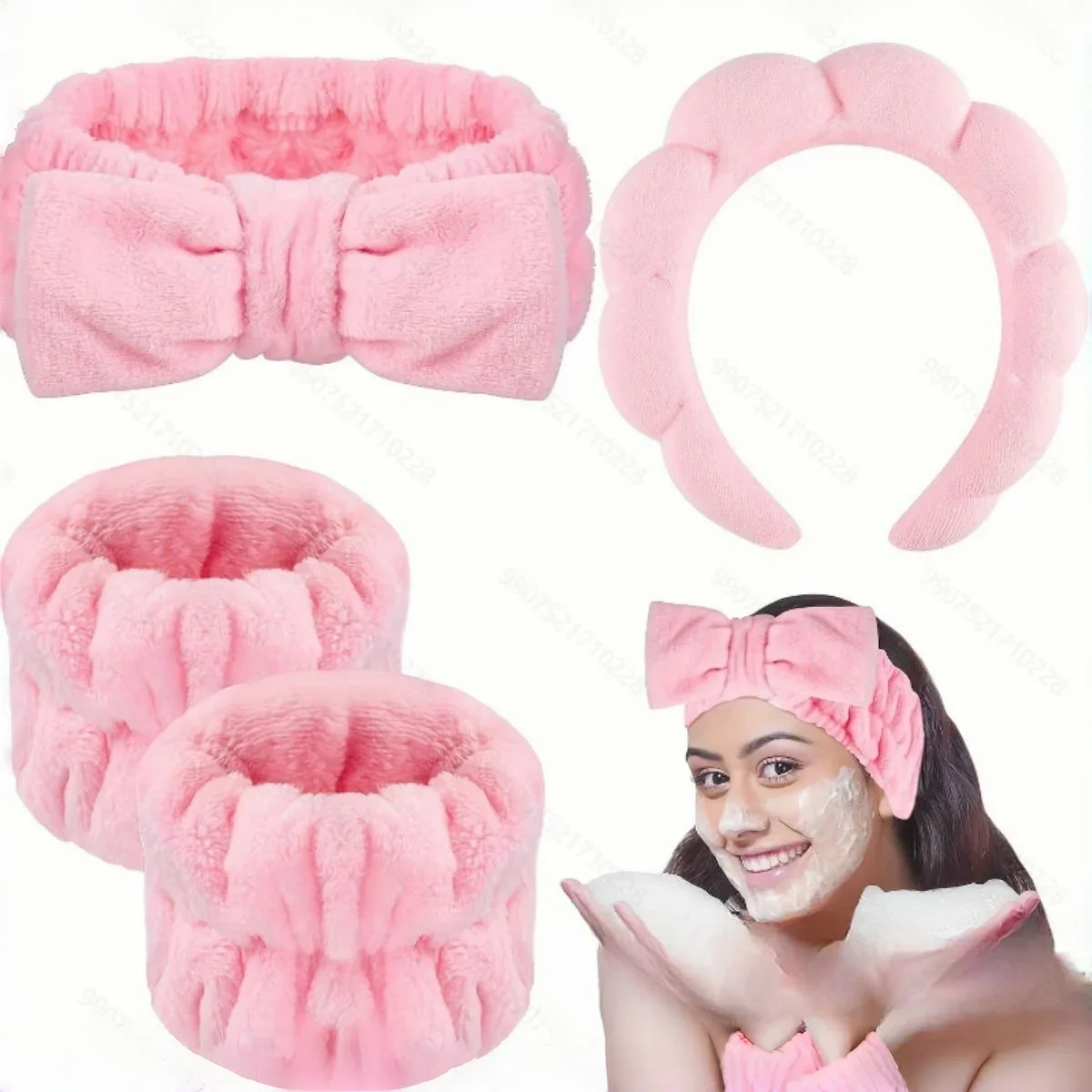 4pcs fashionable shampoo set, wrist guards, bun, spa foam headwear, facial makeup, shower, skin care tools