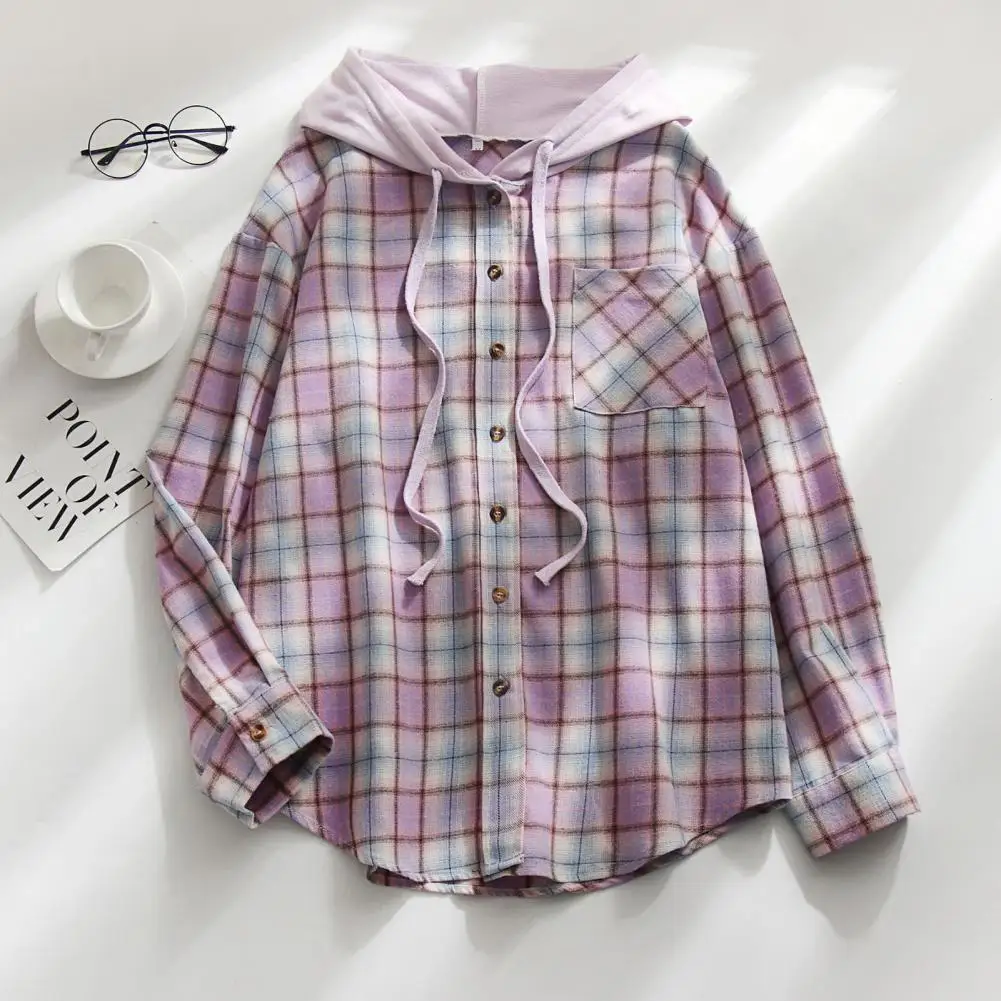 Long Sleeve Single-breasted Patch Pocket Drawstring Autumn Shirt Classic Plaid Print Casual Hooded Sweatshirt Shirt Female Cloth