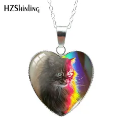 2023 Cartoon Rainbow Cat Paintings Heart Shaped Glass Cabochon Pendants Handmade Necklace Jewelry hz3