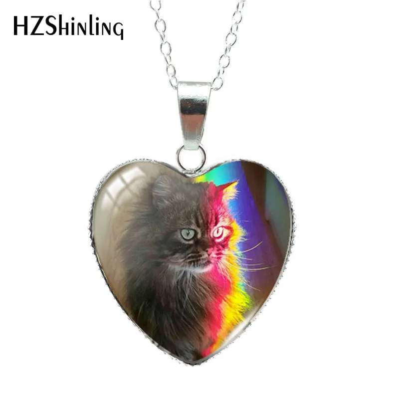 2023 Cartoon Rainbow Cat Paintings Heart Shaped Glass Cabochon Pendants Handmade Necklace Jewelry hz3