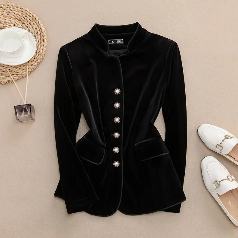 Elegant Long Sleeve Velvet Small Suit Women's Short Outerwear Slim Fit Waist Cinched Button up Stand Collar Formal Wear