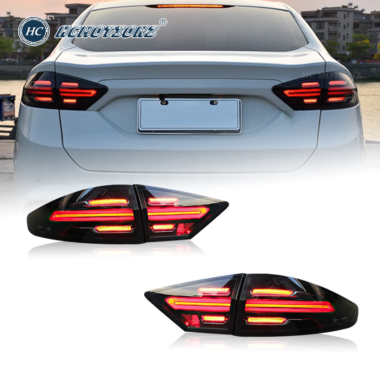 HCMOTIONZ LED Tail Lights for Ford Mondeo 2013-2020 Smoke Fusion Rear Lamps Assembly Lighting System DRL Animation 4PCS