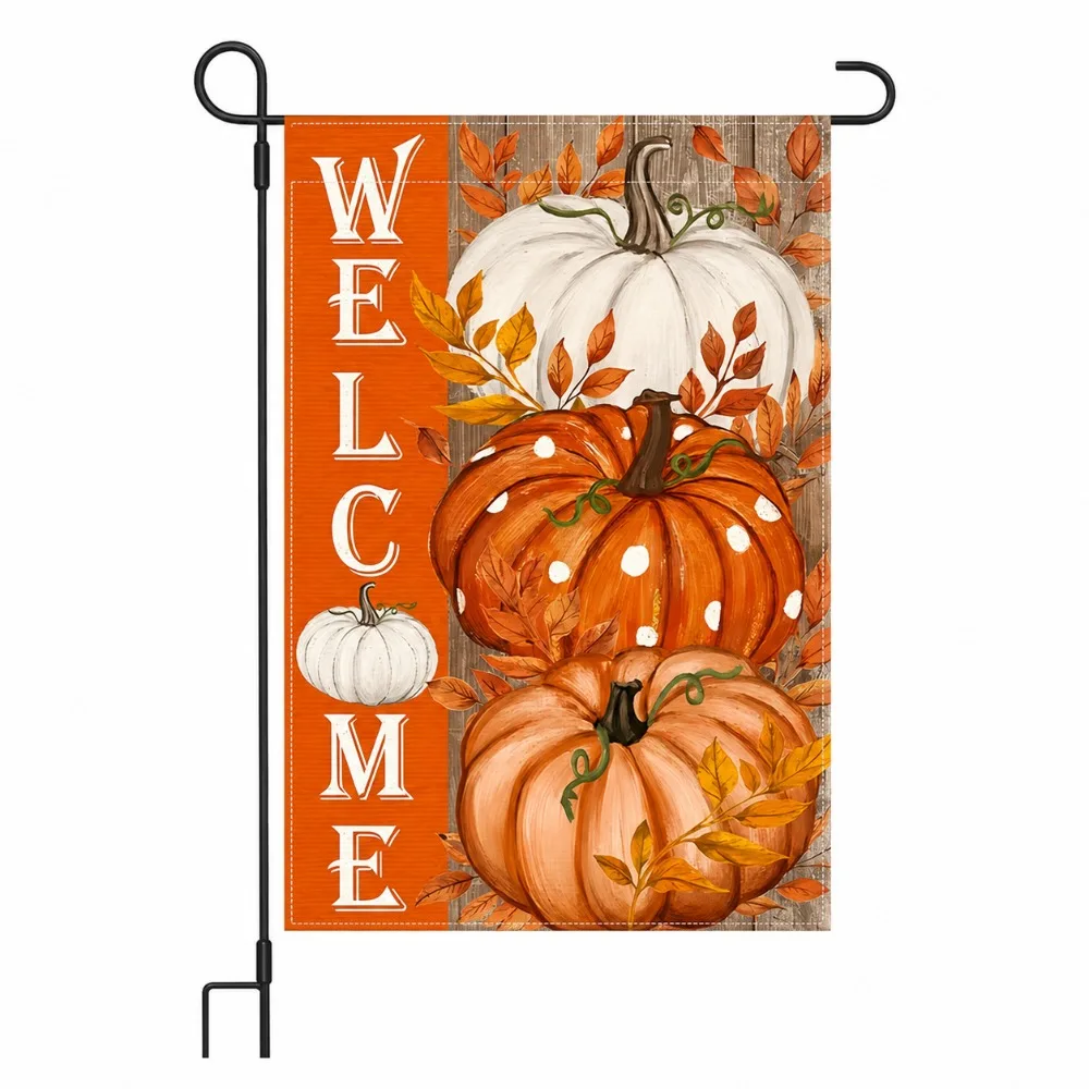 Double Sided Halloween Fall Pumpkin Garden Flag Linen Chick or Treat Autumn Ghost Yard Flag Vintage Witch Hat