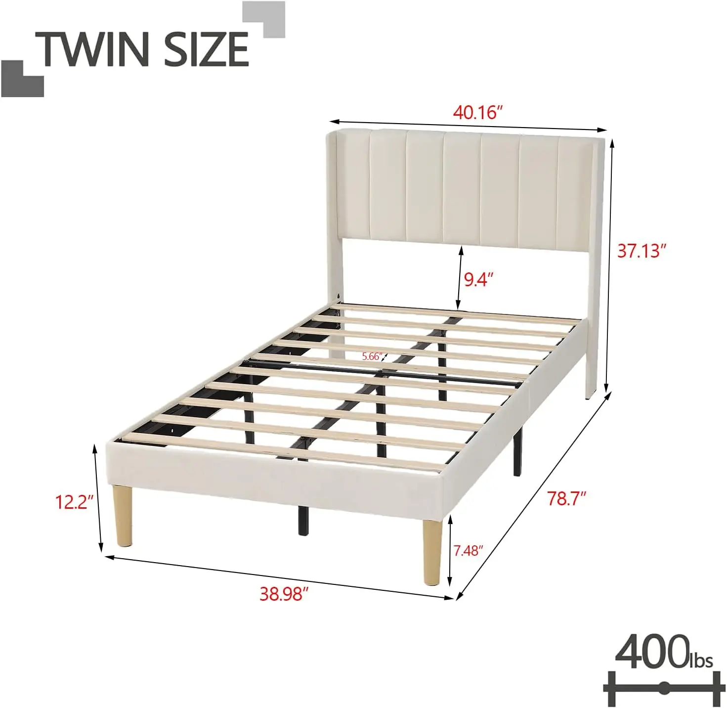 Twin Size Bed Frame with Velvet Upholstered Headboard, Beige | Velvet Platform Bed, Heavy Duty Wooden Slats Support, 7.48