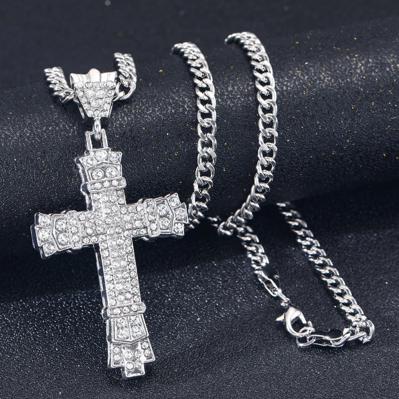 Hip Hop Cool Inlaid Zirconia Sparkling Cross Pendant Gold Color Necklace for Men Women Universal Punk Party Favor Jewelry