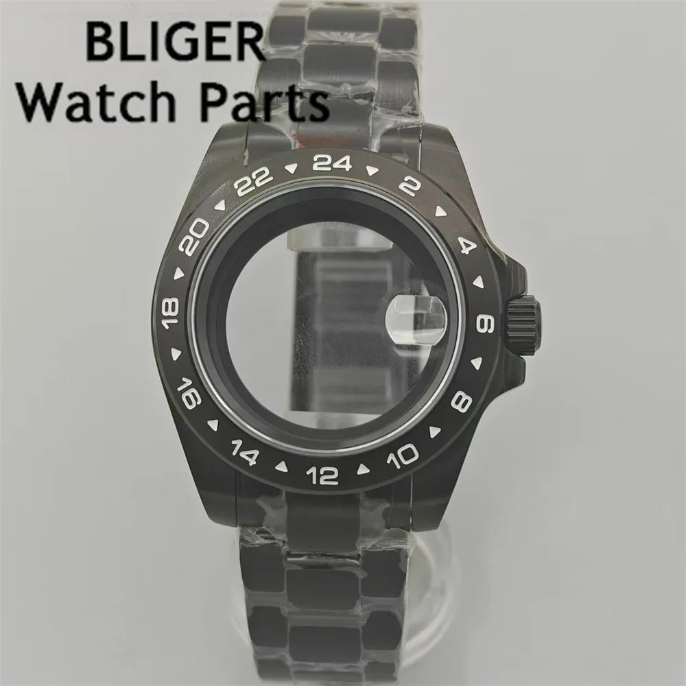 BLIGER 40mm Black PVD Watch Case Sapphire Glass Fixed Bezel Stainless steel bracelet Fit NH34 NH35 NH36 ETA2824 PT5000 Movement