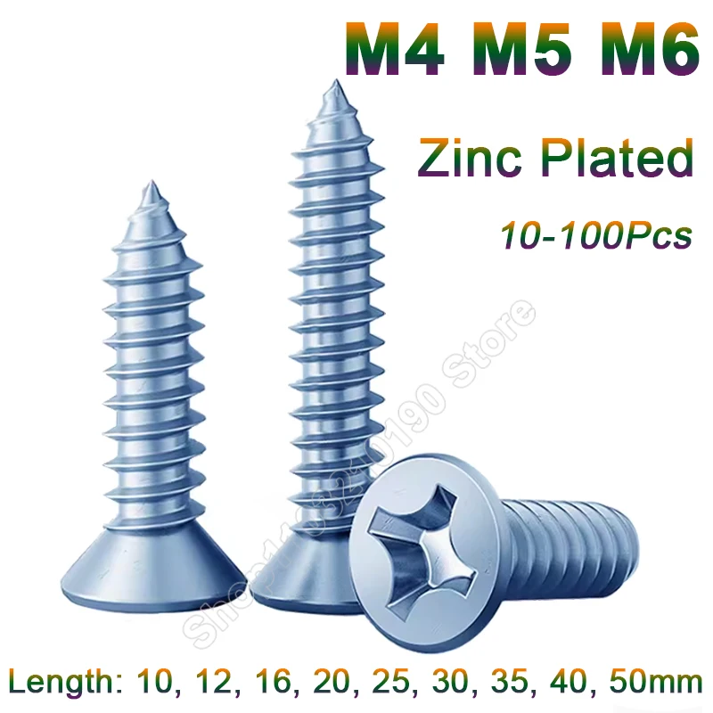 10/30/50/100pcs M4 M5 M6 Zinc Plated Steel Cross Phillips Flat Countersunk Head Self-tapping Small Screw Wood Use Length 10-50mm