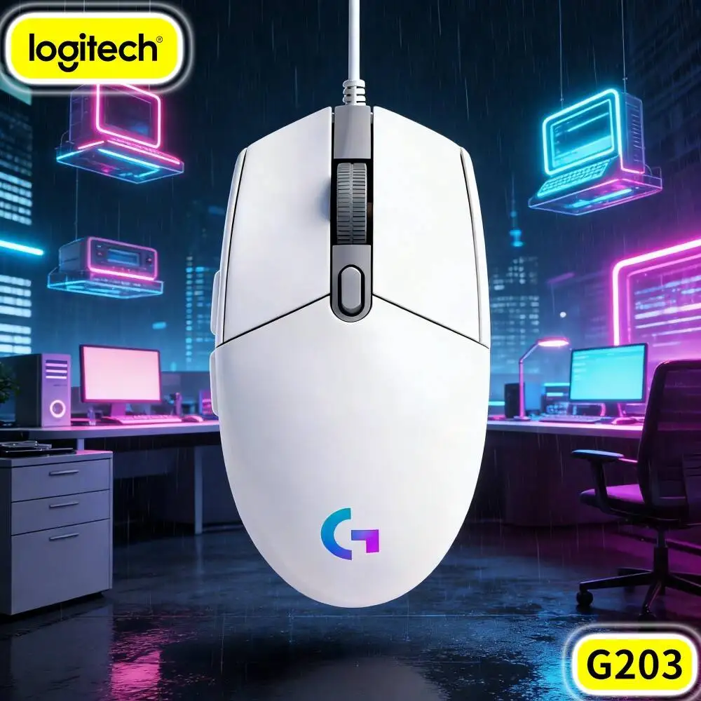 Logitech G203 Wired Gaming Mouse Curved Ergonomic Body Customizable RGB Responsive Buttons USB For Desktop