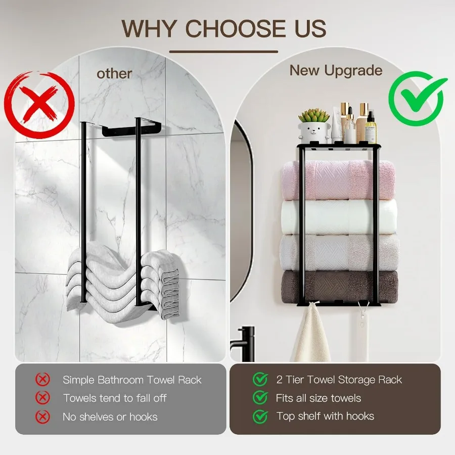 Towel Racks for Bathroom Towel Holder with Shelf and 6 HooksSpace Saving Vertical Hanging Towel Rack Sturdy Metal Wall Mounted