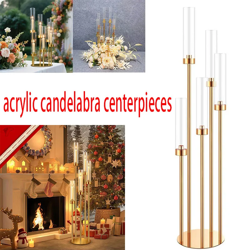 1 Sets 5-Arm Floor Candelabra Metal Candle Holder Stand with Acrylic Lampshade for Party Table Decoration Wedding Centerpiece