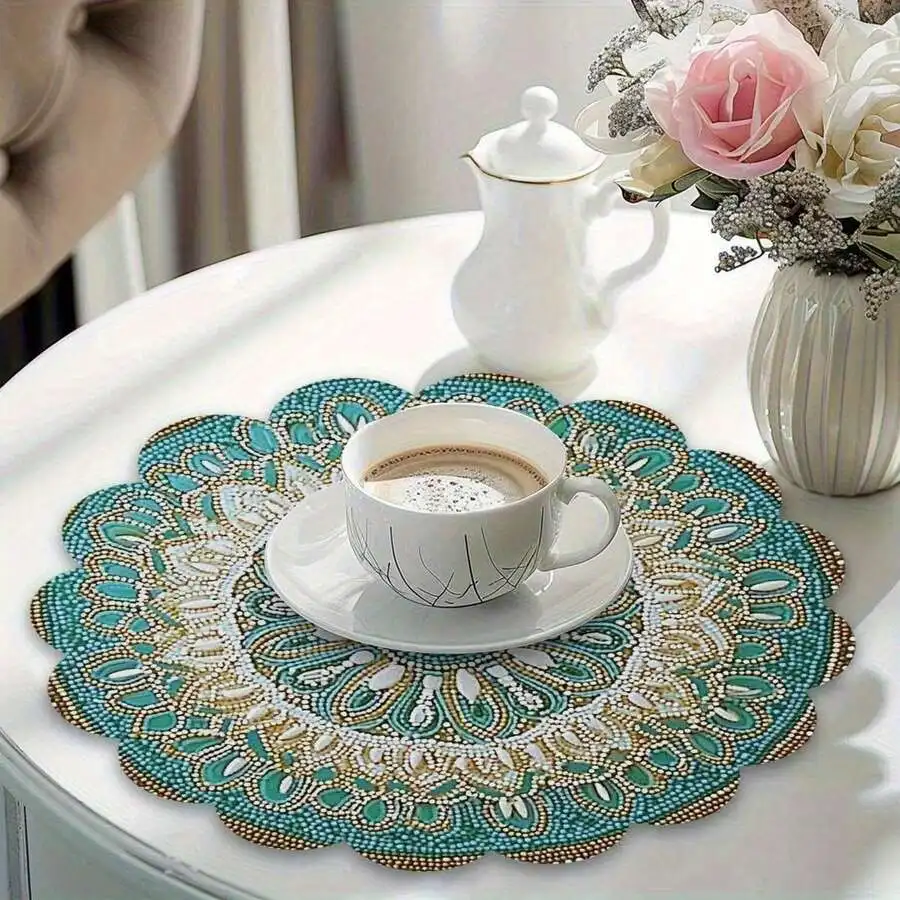 4pcs Teal & Mandala Beaded Round Placemats - Heat-Resistant Table Protectors Suitable For Dining Table, Wedding, Banquet -