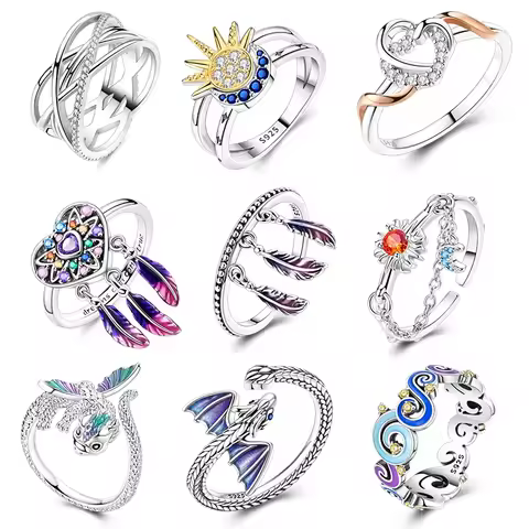 Women Silver Finger Rings for Women Original 925 Sterling Silver Dream Catcher Dragon Ring Sun Zircon Heart Wedding Jewelry